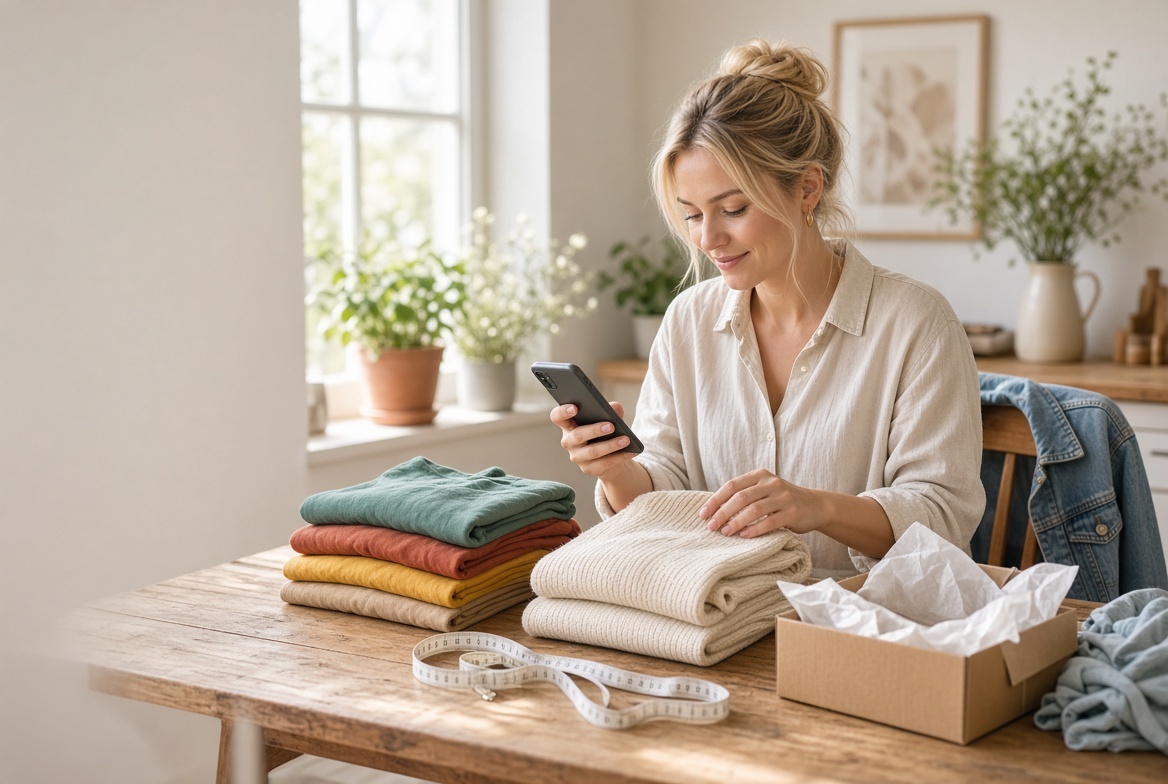 Person som sorterar kläder för försäljning via en second hand-app